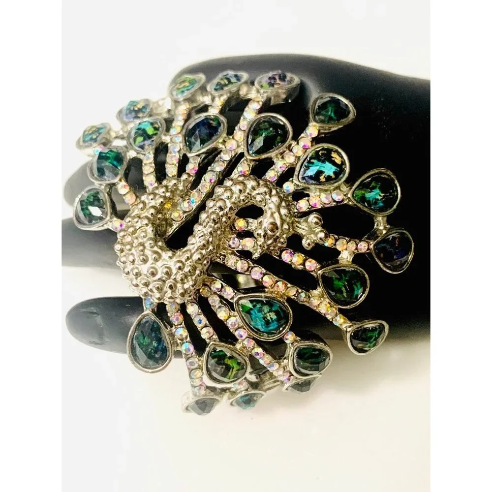 Rhinestone Peacock Boho Hinged Cuff Bracelet - Picture 10 of 10